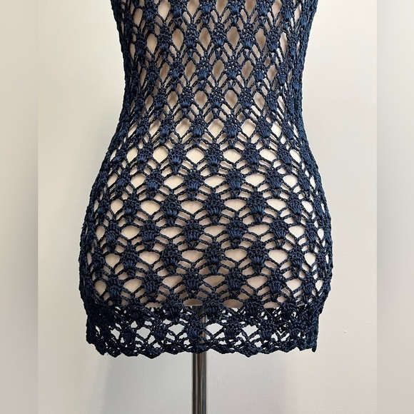 Navy Blue Heavy Knit Nylon Crochet Top Women’s Size Small Crochet Coverup - Picture 6 of 10